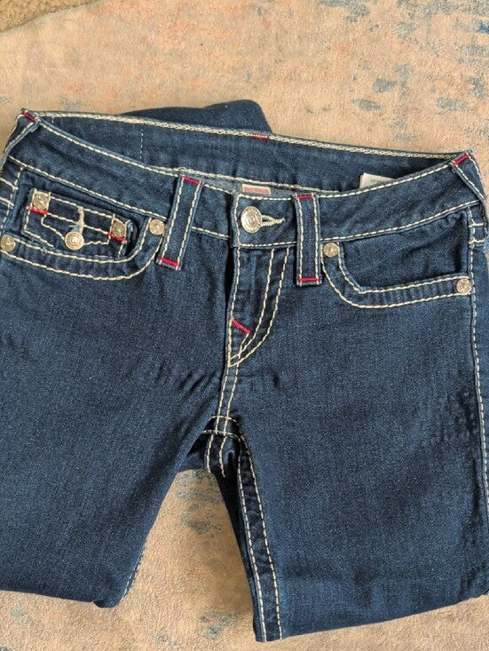 True Religion Dark Indigo Low-Rise Skinny Jeans w/ Contrast Stitching Sz 27 Y2K