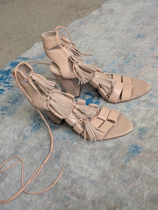 Loeffler Randall Fringed Lace-Up Block Heel Sandals in Rose Nude Women's 8.5 US