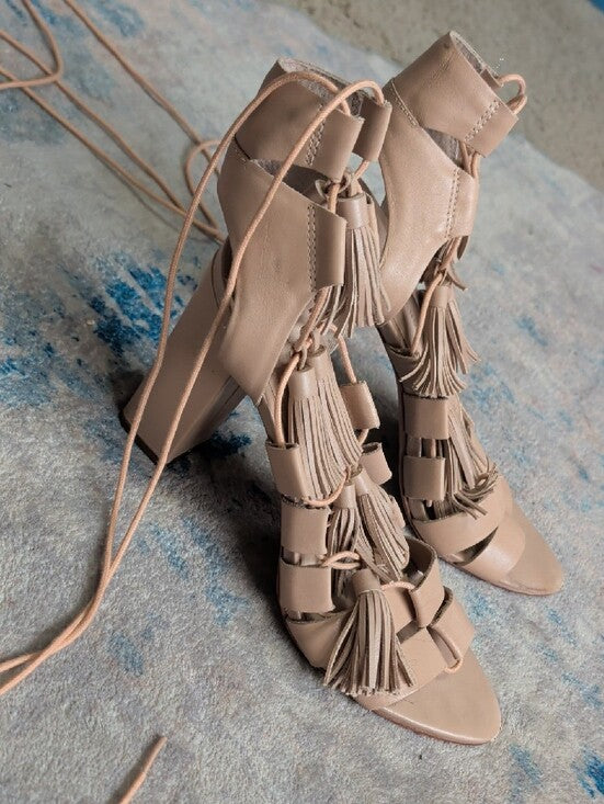 Loeffler Randall Fringed Lace-Up Block Heel Sandals in Rose Nude Women's 8.5 US