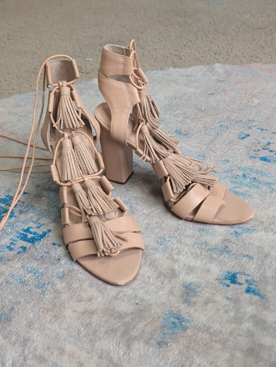 Loeffler Randall Fringed Lace-Up Block Heel Sandals in Rose Nude Women's 8.5 US
