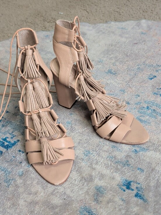 Loeffler Randall Fringed Lace-Up Block Heel Sandals in Rose Nude Women's 8.5 US
