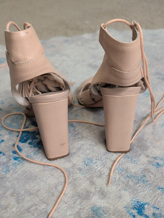 Loeffler Randall Fringed Lace-Up Block Heel Sandals in Rose Nude Women's 8.5 US