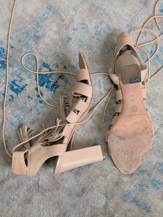 Loeffler Randall Fringed Lace-Up Block Heel Sandals in Rose Nude Women's 8.5 US
