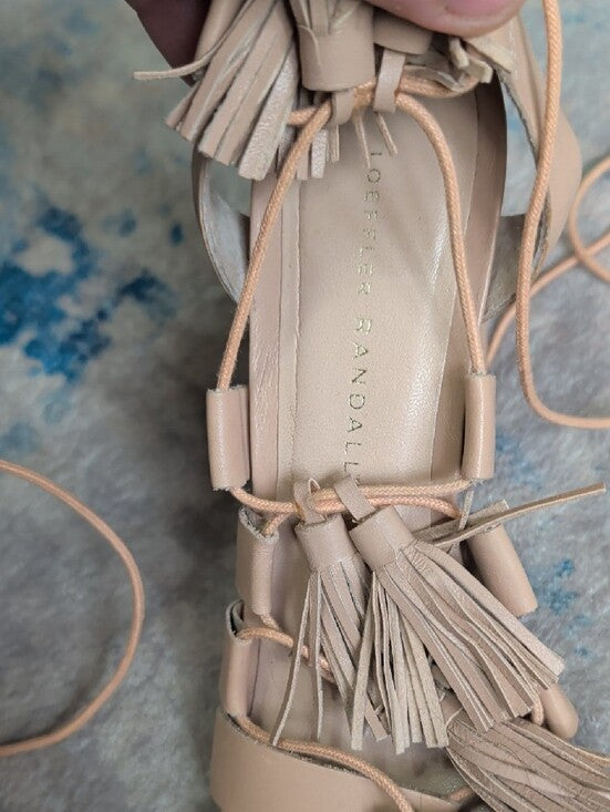 Loeffler Randall Fringed Lace-Up Block Heel Sandals in Rose Nude Women's 8.5 US
