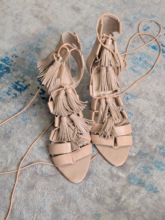 Loeffler Randall Fringed Lace-Up Block Heel Sandals in Rose Nude Women's 8.5 US