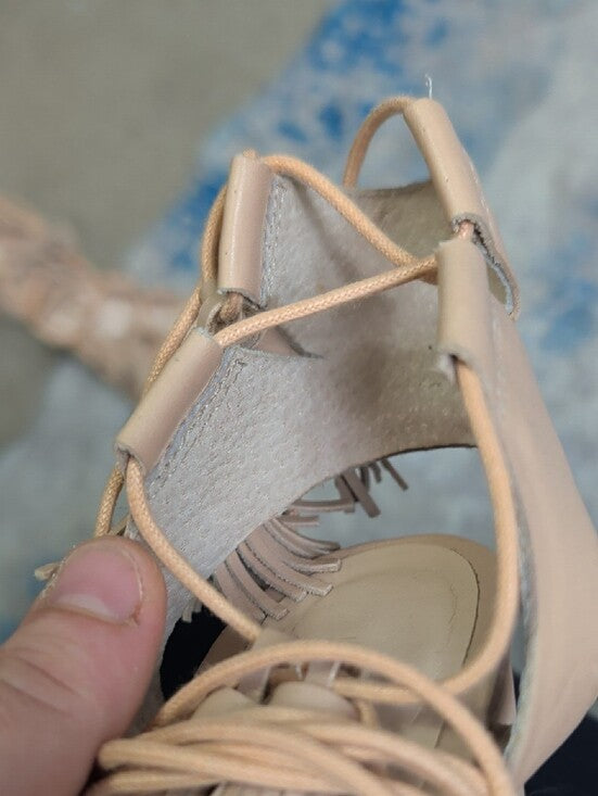 Loeffler Randall Fringed Lace-Up Block Heel Sandals in Rose Nude Women's 8.5 US