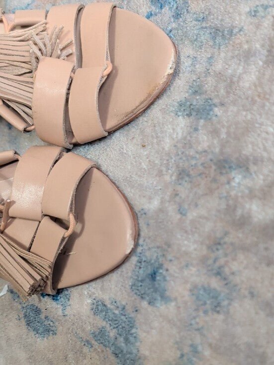 Loeffler Randall Fringed Lace-Up Block Heel Sandals in Rose Nude Women's 8.5 US