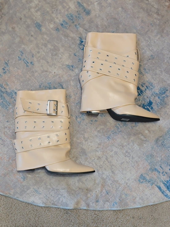 NWT Studded Wrap Strap Cream Ankle Booties Women's 10 - Retro - Y2K Grunge