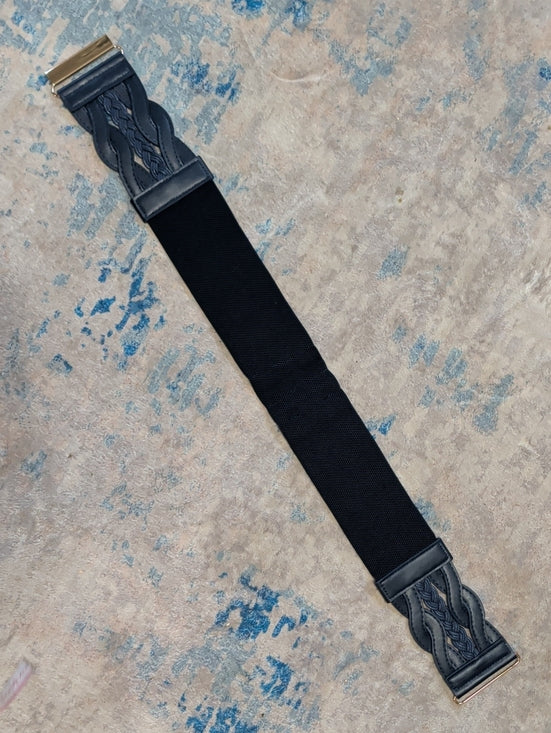 Navy Blue Elastic Braided Leather Wide Cinch Belt W/ Gold Accents 28" Unisex