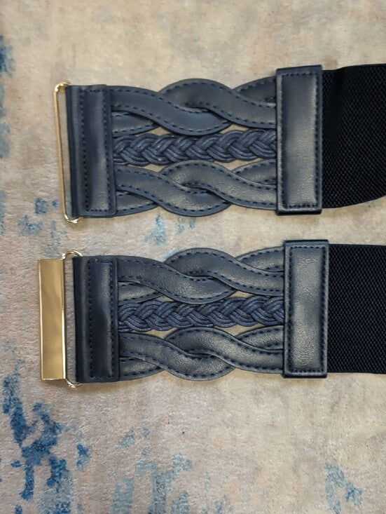 Navy Blue Elastic Braided Leather Wide Cinch Belt W/ Gold Accents 28" Unisex