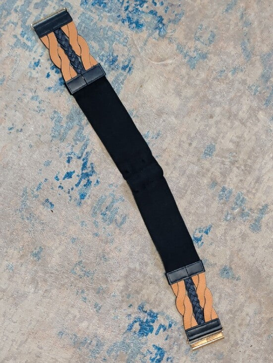 Navy Blue Elastic Braided Leather Wide Cinch Belt W/ Gold Accents 28" Unisex