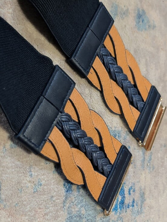 Navy Blue Elastic Braided Leather Wide Cinch Belt W/ Gold Accents 28" Unisex