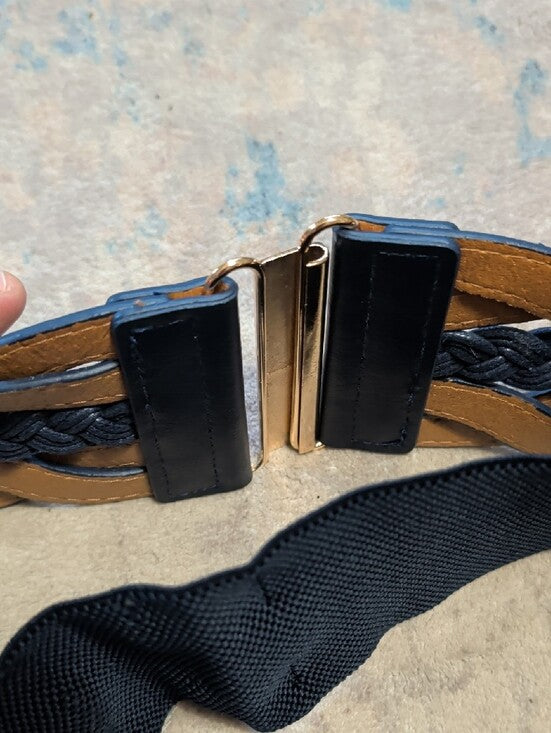 Navy Blue Elastic Braided Leather Wide Cinch Belt W/ Gold Accents 28" Unisex
