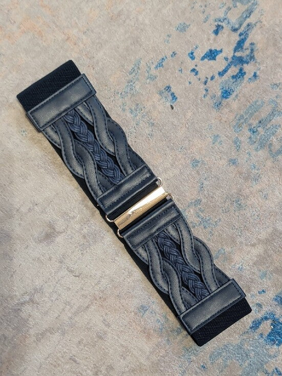 Navy Blue Elastic Braided Leather Wide Cinch Belt W/ Gold Accents 28" Unisex