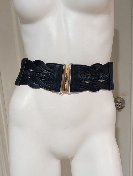 Navy Blue Elastic Braided Leather Wide Cinch Belt W/ Gold Accents 28" Unisex