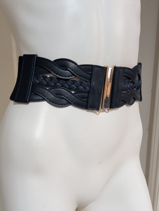 Navy Blue Elastic Braided Leather Wide Cinch Belt W/ Gold Accents 28" Unisex