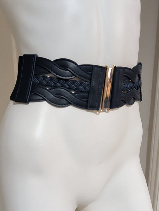 Navy Blue Elastic Braided Leather Wide Cinch Belt W/ Gold Accents 28" Unisex