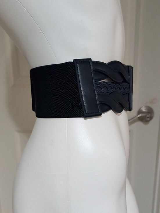 Navy Blue Elastic Braided Leather Wide Cinch Belt W/ Gold Accents 28" Unisex