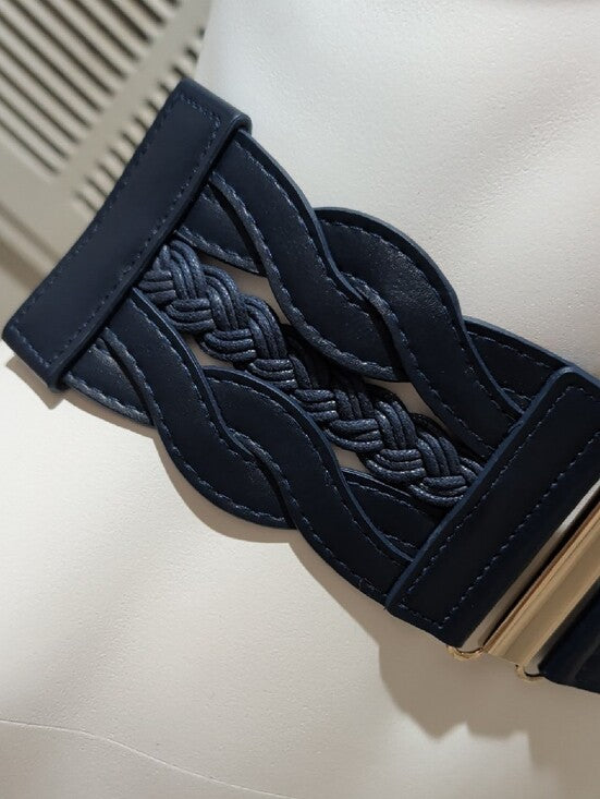 Navy Blue Elastic Braided Leather Wide Cinch Belt W/ Gold Accents 28" Unisex