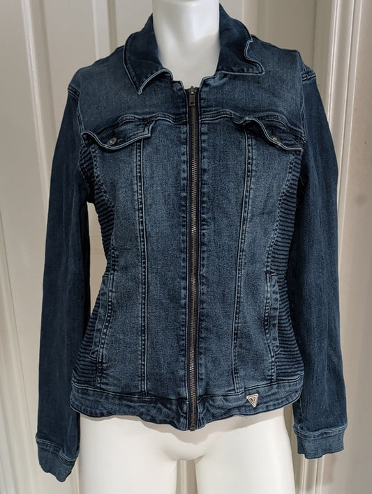 Guess Dark Indigo Blue Zip-Front Textured Denim Jacket Women's XL Stretch