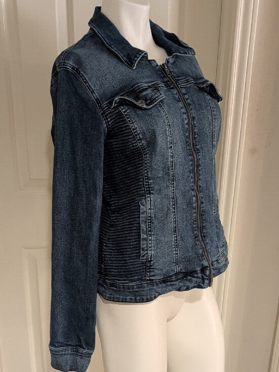 Guess Dark Indigo Blue Zip-Front Textured Denim Jacket Women's XL Stretch