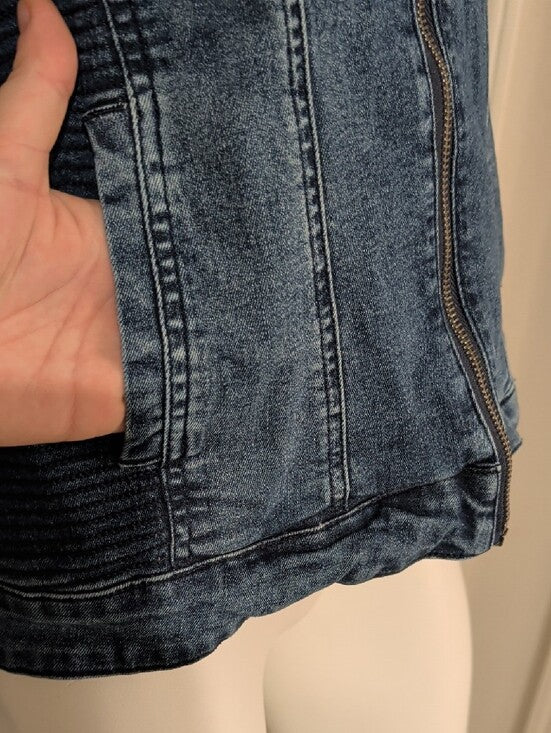Guess Dark Indigo Blue Zip-Front Textured Denim Jacket Women's XL Stretch