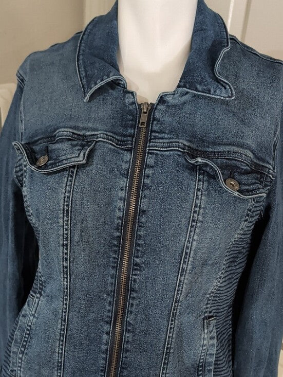 Guess Dark Indigo Blue Zip-Front Textured Denim Jacket Women's XL Stretch