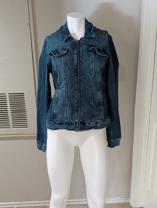 Guess Dark Indigo Blue Zip-Front Textured Denim Jacket Women's XL Stretch