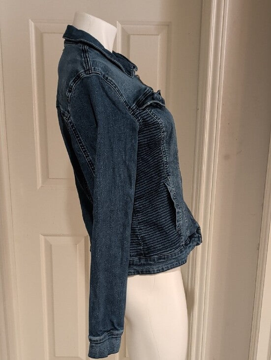 Guess Dark Indigo Blue Zip-Front Textured Denim Jacket Women's XL Stretch
