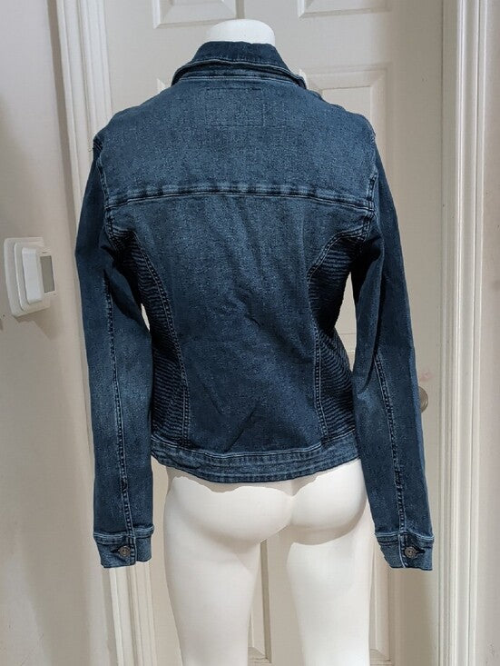 Guess Dark Indigo Blue Zip-Front Textured Denim Jacket Women's XL Stretch