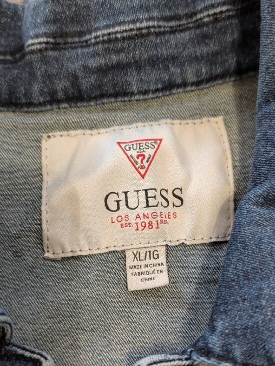 Guess Dark Indigo Blue Zip-Front Textured Denim Jacket Women's XL Stretch