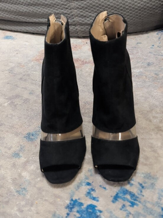 Guess Black Suede Peep-Toe Ankle Booties w/ Clear Accent Women's 7.5 US 3" Heel