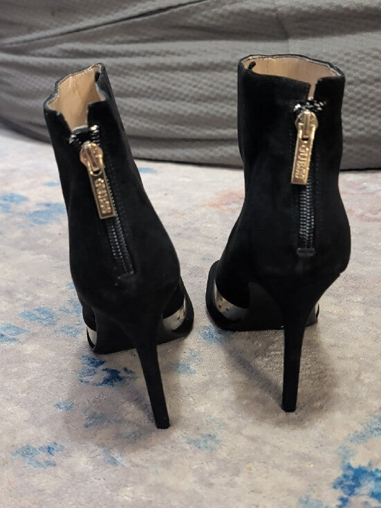 Guess Black Suede Peep-Toe Ankle Booties w/ Clear Accent Women's 7.5 US 3" Heel