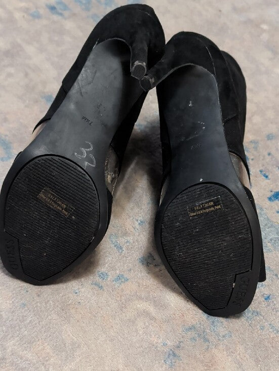 Guess Black Suede Peep-Toe Ankle Booties w/ Clear Accent Women's 7.5 US 3" Heel