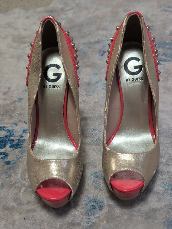 Guess Gold Platform Peep-Toe Heels with Red Studded Accent Women's 8M