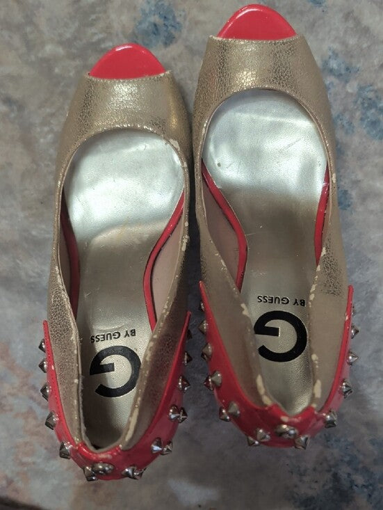 Guess Gold Platform Peep-Toe Heels with Red Studded Accent Women's 8M