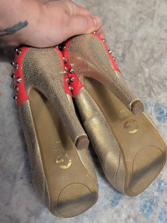 Guess Gold Platform Peep-Toe Heels with Red Studded Accent Women's 8M