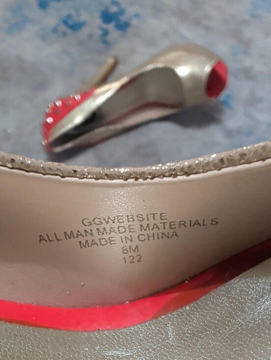 Guess Gold Platform Peep-Toe Heels with Red Studded Accent Women's 8M