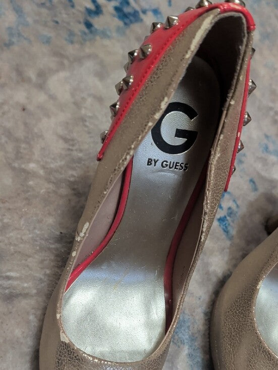 Guess Gold Platform Peep-Toe Heels with Red Studded Accent Women's 8M