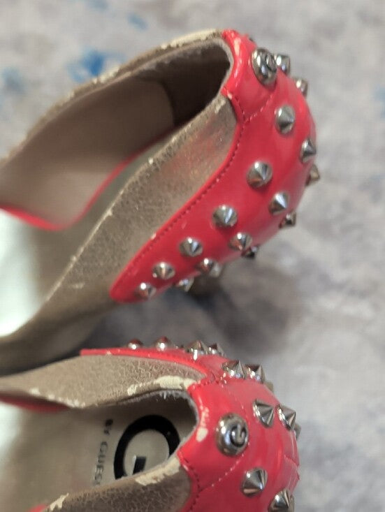 Guess Gold Platform Peep-Toe Heels with Red Studded Accent Women's 8M