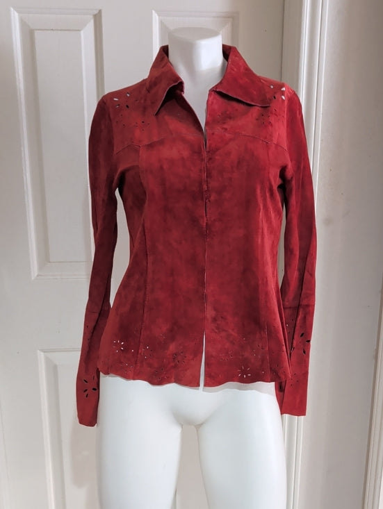 VTG Wet Seal Red Leather Tailored Button-Down Shirt w/ Laser-Cut Accents Women's M Y2K