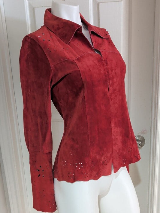 VTG Wet Seal Red Leather Tailored Button-Down Shirt w/ Laser-Cut Accents Women's M Y2K