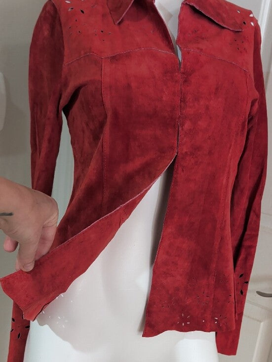 VTG Wet Seal Red Leather Tailored Button-Down Shirt w/ Laser-Cut Accents Women's M Y2K