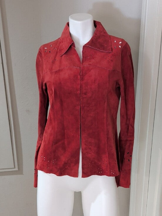 VTG Wet Seal Red Leather Tailored Button-Down Shirt w/ Laser-Cut Accents Women's M Y2K