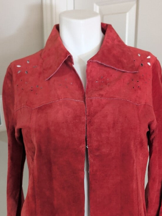 VTG Wet Seal Red Leather Tailored Button-Down Shirt w/ Laser-Cut Accents Women's M Y2K