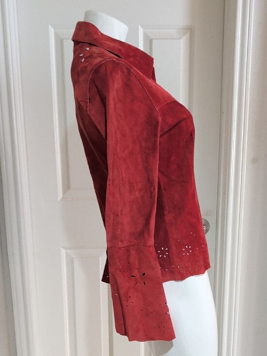 VTG Wet Seal Red Leather Tailored Button-Down Shirt w/ Laser-Cut Accents Women's M Y2K