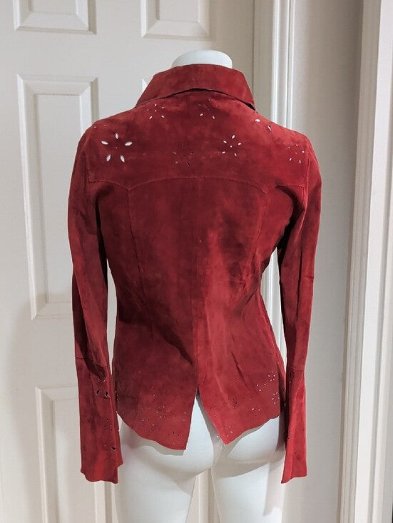 VTG Wet Seal Red Leather Tailored Button-Down Shirt w/ Laser-Cut Accents Women's M Y2K