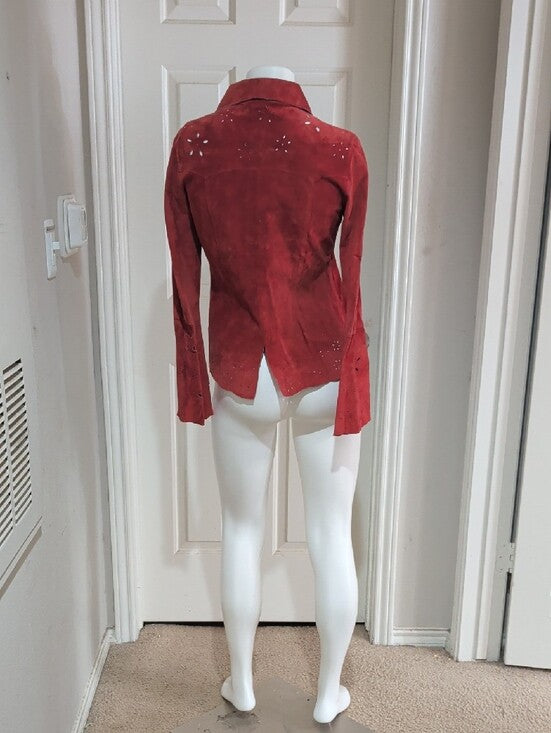 VTG Wet Seal Red Leather Tailored Button-Down Shirt w/ Laser-Cut Accents Women's M Y2K