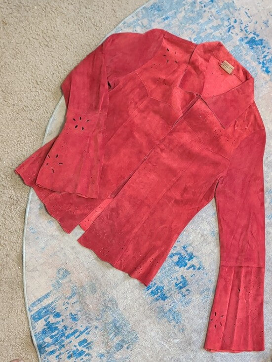 VTG Wet Seal Red Leather Tailored Button-Down Shirt w/ Laser-Cut Accents Women's M Y2K