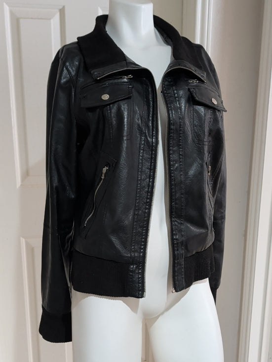 VTG Beverly Hills Polo Club Black Faux Leather Bomber Jacket w/ Zip Pockets XL
